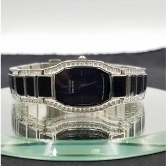 Citizen Eco-Drive Ladies Watch With Rhinestones & Black Enamel - Picture 1 of 6